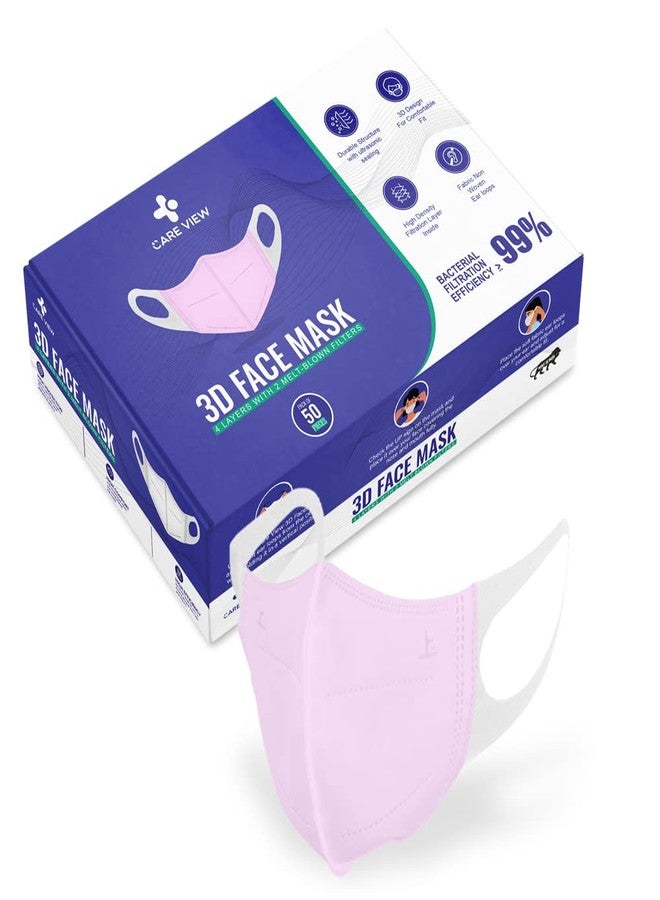Careview CARE VIEW N95 3 Dimensional Disposable Face Mask with 4 Layered Filtration, SITRA and BIS(ISI) certified & Incredibly Soft Spandex Non Woven Fabric Ear loop (PINK, PACK OF 50) - Image 1